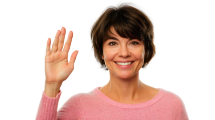 Confident Woman Smiling and Waving: Warm, Friendly Greeting with a Joyful Expression in a Relaxed, Casual Setting with Soft Lighting