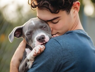 A young single man hugs his pitbull puppy