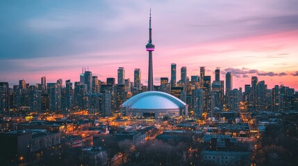 Toronto Skyline Sunset  CN Tower  Cityscape  Night Lights