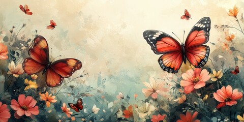 Vibrant butterflies dance among blooming flowers in a serene garden landscape during a tranquil sunrise