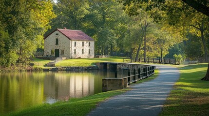 Obraz premium Scenic view of a stone building by a tranquil pond and pathway.
