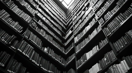 A towering library filled with rows of books in monochrome tones.