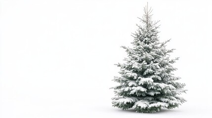 Snow-covered evergreen tree on white background.