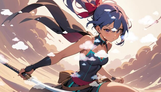 Cartoon video card. Strong female warrior character with a sword in clouds, action, adventure concept