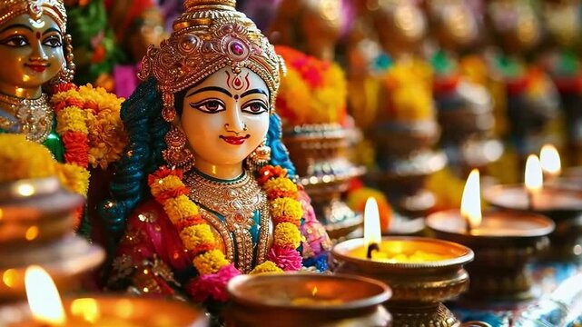 Beautiful goddess lakshmi idol , surrounded by burning candles on the hindu festival of Navaratri
