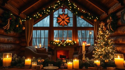 Obraz premium Cozy rustic wooden log cabin interior decorated for Christmas with candles, warm lights, and festive decor, cabin, lights