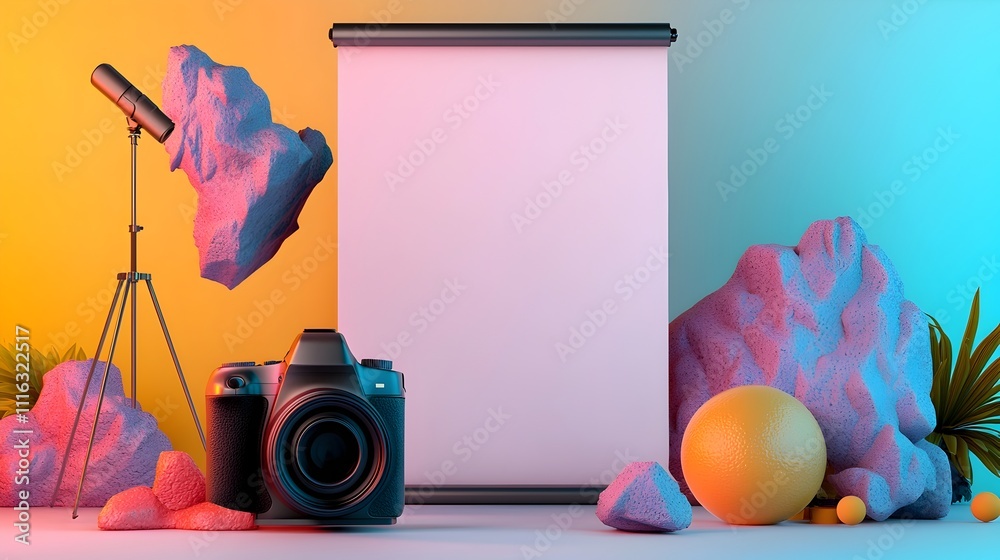 Poster blank roll up advertisement displayed in a simple well lit studio setting with a minimalist design c