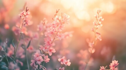 Fototapeta premium Soft sunlight illuminates delicate pink wildflowers in a field at sunset.