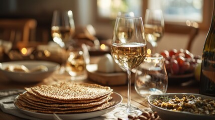Fototapeta premium Passover Table with Wine and Matzah Stack