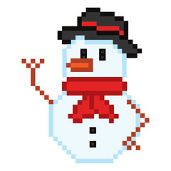 Pixel art snowman with red scarf and hat Vector