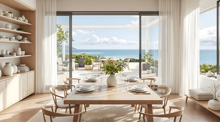 Obraz premium Modern Coastal Dining Room with Panoramic Ocean View (Interior Design)