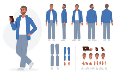 Middle age business man character constructor for animation. Front, side and back view set. Body parts, postures, poses collection. Vector illustration.