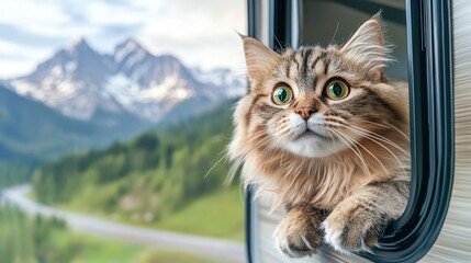 Obraz premium Traveling with cat in RV concept. A curious cat peeks out of a vehicle window in a scenic landscape