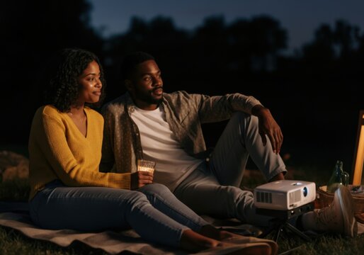 Young couple enjoying a movie night outdoors with a portable projector, creating a cozy and romantic atmosphere