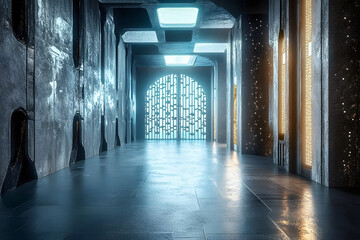 Obraz premium 3D illustration of architecture visualisation of alien science fiction building interior with open gate