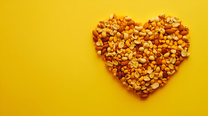 Healthy food selection on yellow background, Nuts in heart shape, Heart made of delicious raw almonds ,Set of different nuts on a light background, flat lay, Space for text
