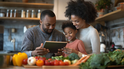 Family reviewing budget and financial planning at home