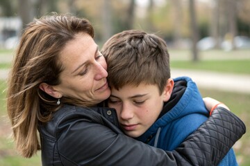 Fototapeta premium A mother hugging her teenage son, the son’s face showing a mix of emotions.
