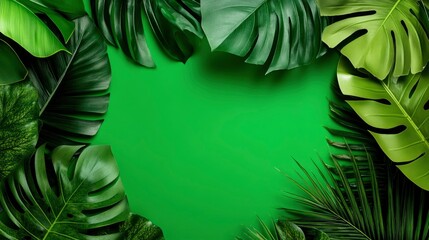Lush Tropical Green Leaves Frame on Vibrant Background