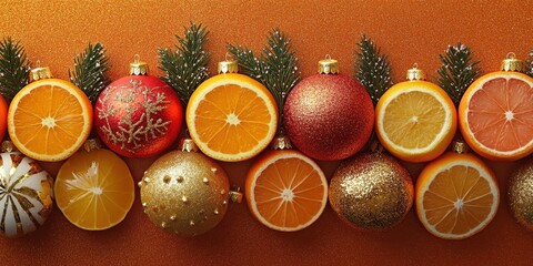Colorful holiday decorations blend with fresh citrus fruits on a vibrant backdrop for festive cheer