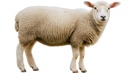 Fototapeta premium Fluffy Sheep on Pasture: Cute, Woolly Farm Animal Grazing in a Peaceful Pastoral Scene, Captured in Animal Photography with a Focus on Rural Life and Agriculture