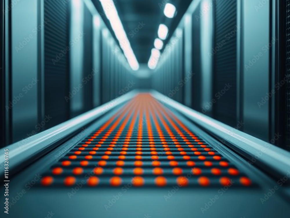Poster a futuristic corridor with glowing red dots, surrounded by sleek, dark panels, suggesting a high-tec