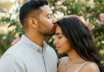 Fototapeta premium Man kissing woman on forehead in a garden, showing love and tenderness