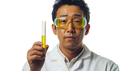 Male Scientist in Laboratory: Conducting Chemical Experiment with Test Tube and Yellow Liquid, Wearing Lab Coat and Safety Goggles for Scientific Research and Innovation