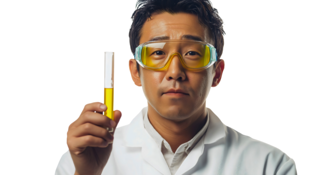Male Scientist in Laboratory: Conducting Chemical Experiment with Test Tube and Yellow Liquid, Wearing Lab Coat and Safety Goggles for Scientific Research and Innovation