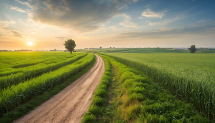 Obraz premium Sunset country road through green fields
