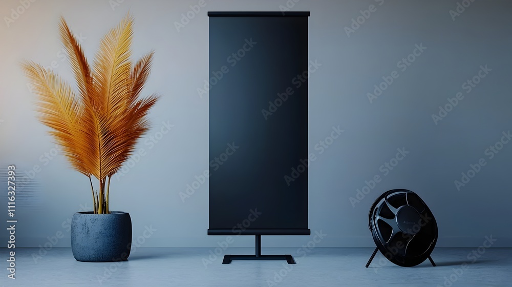 Poster empty roll up banner stand placed in a simple well lit studio setting featuring a minimalist design 