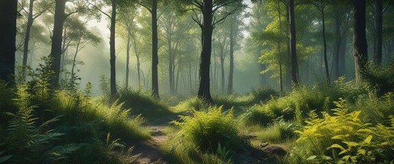 Fototapeta premium Overgrown vegetation in the woods with abstract gradient grainy texture and vibrant green yellow black colors , gradient, black, yellow