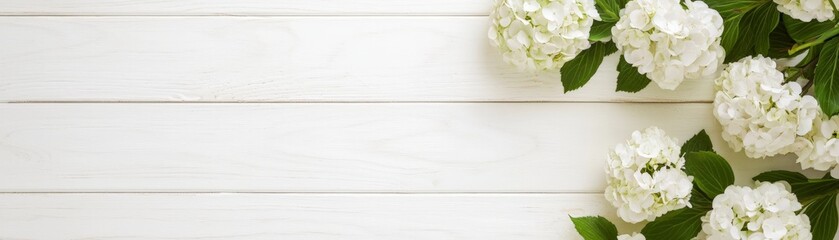 A serene arrangement of white flowers against a light wooden background, creating a fresh and calm atmosphere.