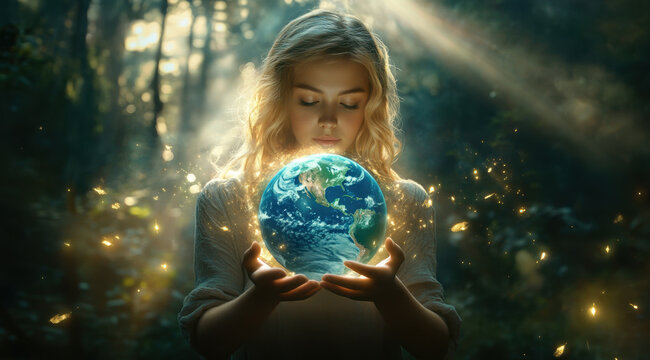 A beautiful blond woman holds a blue glowing Earth in her hands against the background of dark clouds and the sun's rays breaking through them.
