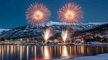 Fototapeta premium Fireworks over snow-covered mountain town reflecting in a frozen lake at night.