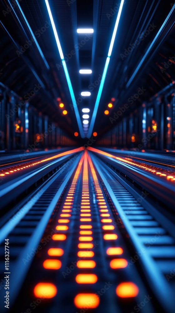 Aufkleber A captivating view of a dark tunnel illuminated by blue and orange lights, creating a futuristic and dynamic atmosphere.