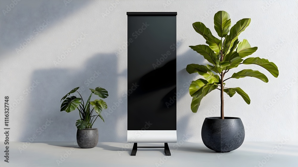 Poster empty roll up banner stand displayed in a simple well lit studio setting featuring a minimalist desi