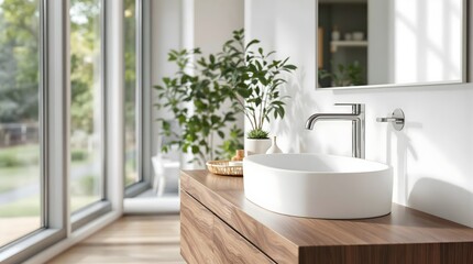 Fototapeta premium Minimalist Bathroom with White Oval Sink and Walnut Wood Vanity (Interior Design)