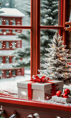 Christmas tree near the window with a gift