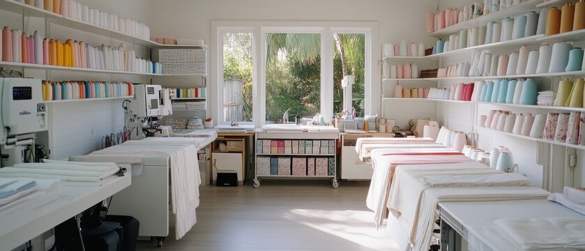 A bright sewing studio filled with neatly organized books and vibrant fabrics invites creativity and inspiration.