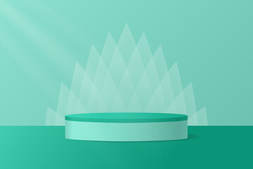 Teal green podium on a geometric background with crystal shape and rays of light