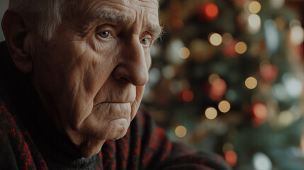 Elderly person spending Christmas alone in empty home without family. Old sad man sitting at the table, decorated Christmas tree in the background. Concept: Loneliness and poverty among older people