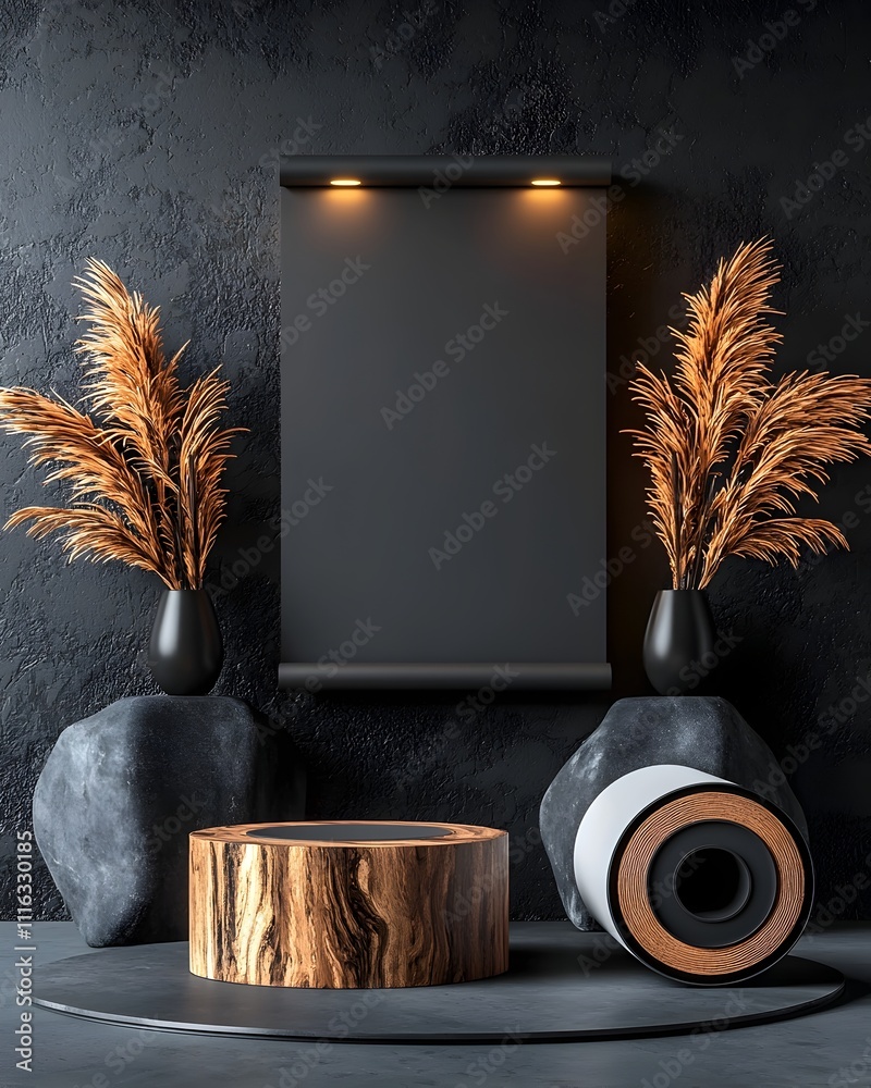 Poster minimalist 3d visualization of a blank roll up display with crisp directional lighting creating a cl