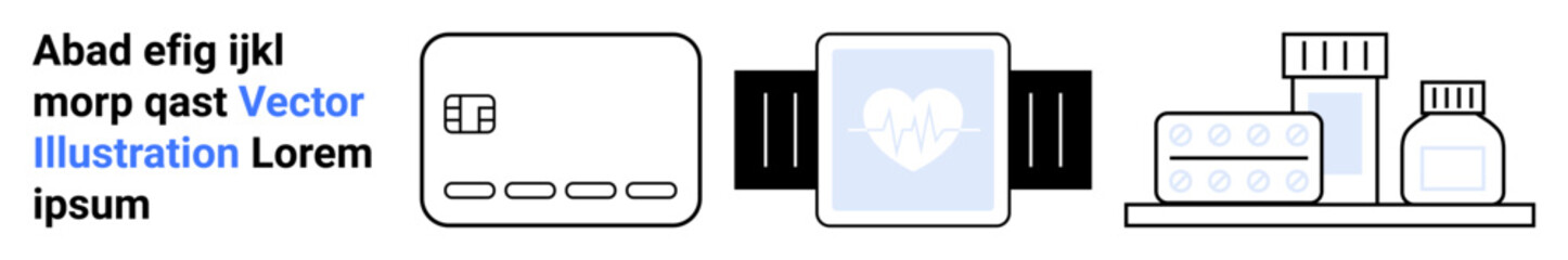 Smartwatch displaying heart icon next to medication bottles and tablets. Ideal for health tech, fitness, wearable devices, medication management, remote monitoring, healthcare apps, medical