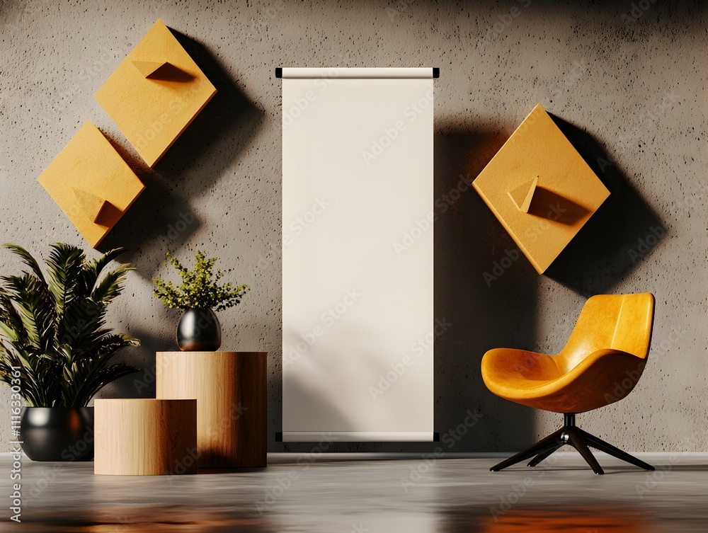 Poster blank white roll up banner displayed in a minimalist studio setting featuring an abstract geometric 