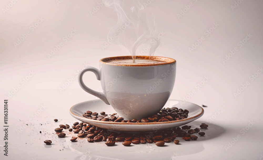 Aufkleber white coffee cup with a white saucer is sitting on a table with a lot of coffee grounds scattered ar