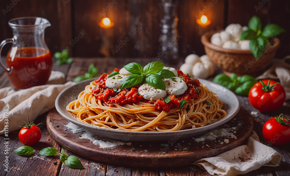 Poster Plate of spaghetti with cheese and basil on top. There are also tomatoes and basil on the table
