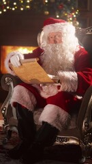 Fabulous atmosphere of house of Santa Claus, old wizard reading ancient mail with wishes and congratulations. Vertical video portrait in cozy living room with fireplace and old man in fancy dress