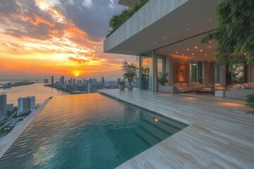 Fototapeta premium stunning luxury penthouse terrace featuring an infinity swimming pool with breathtaking views of miami's skyline, bathed in golden sunset hues that create a lavish and inviting atmosphere