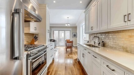 Modern kitchen with wooden floors and natural light